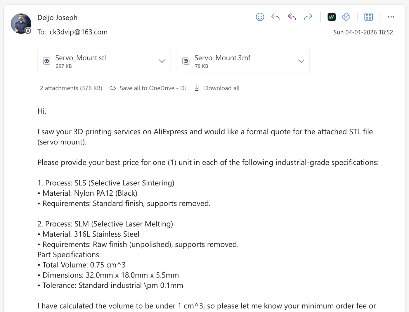 Outreach proof showing the FCX24M custom servo mount printing request from January